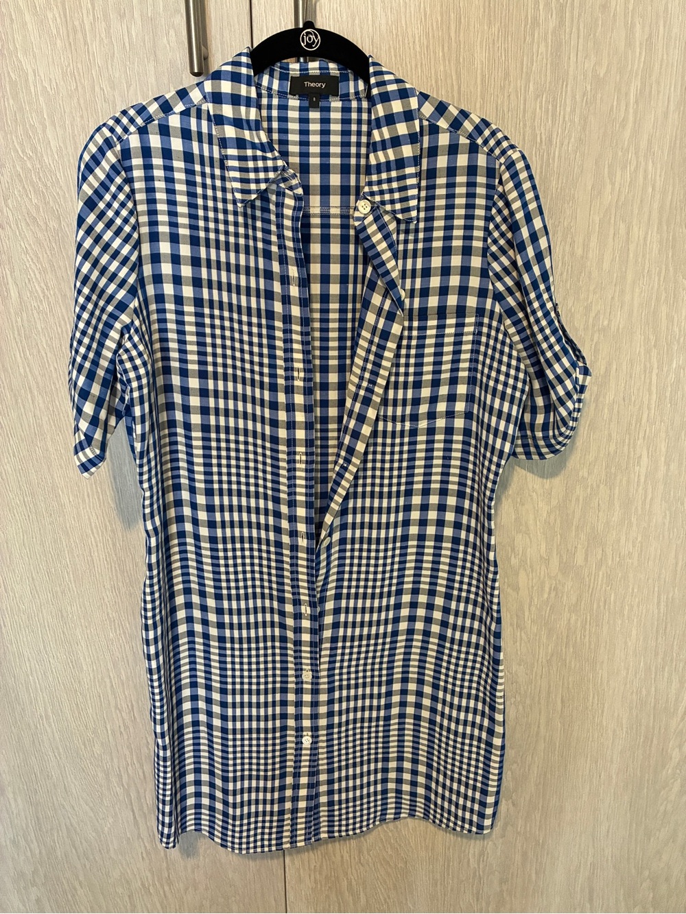 Theory Blue and White Gingham Short-Sleeve Button-Up Shirt